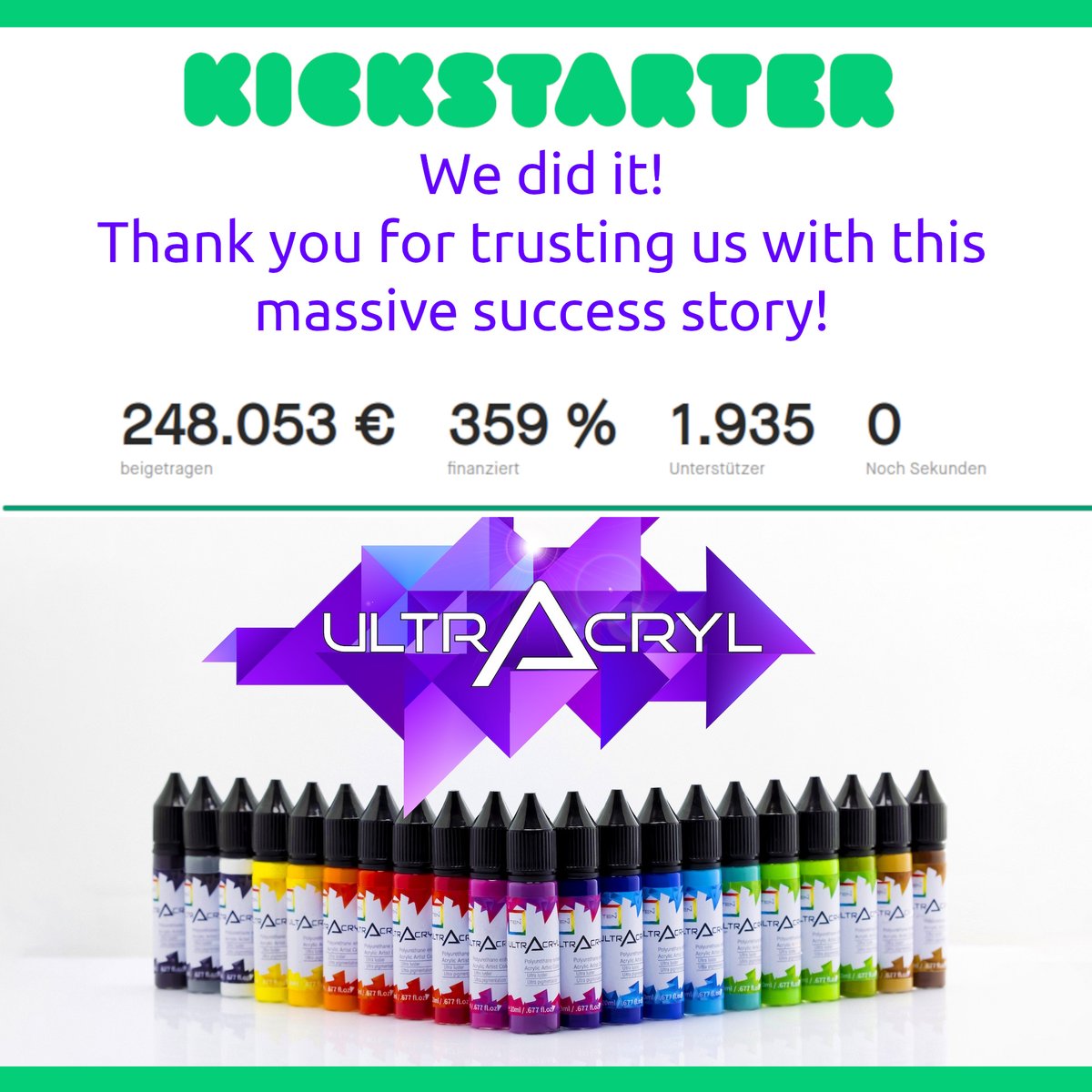 ultracryl's tweet photo. Off course, this would not have been possible without you, dear backers!  Thank you for trusting us with this massive success story!

#ultracryl #ultraseries #ten01_labs #acrylicpaint #harmlessacrylics #brushlicking #miniaturepainting  #dnd #scalemodelling #40k  #warhammer https://t.co/cMG0eaPVQU