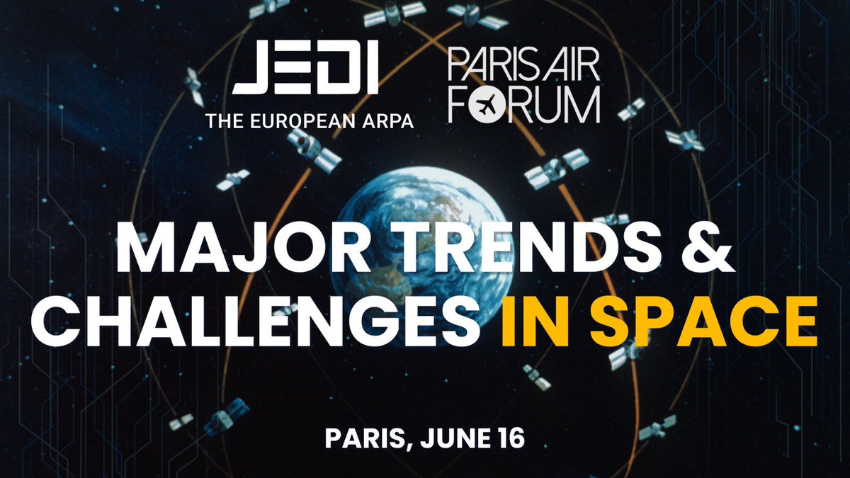 #Space is booming, with massive economic & strategic impact

➡️ JEDI and #ParisAirForum bring together government, industry and startup leaders to identify: 
🛰️ next Science & Tech breakthroughs?
 🇫🇷🇩🇪🇪🇺 Which proper public policies?

#JEDI #TheEuropeanARPA