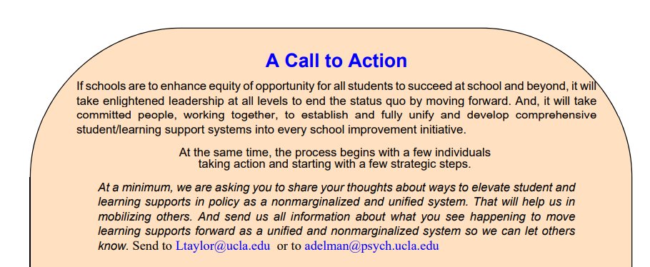 The UCLA Center for Mental Health in Schools is an extensive resource for educators & school leaders. They ask 'Student Supports: What’s in place? What’s Missing?' then provide a guide for mapping this information. View PDF at smhp.psych.ucla.edu/pdfdocs/summer…   #clmooc #etmooc #nt2t