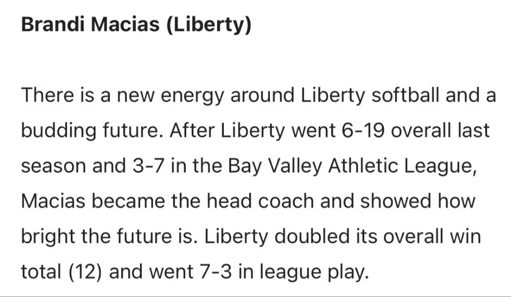 Liberty HS Softball (@libertylionssb) on Twitter photo Congrats to our own, Brandi Macias, for being named a finalist for <a href="/westcoastpreps_/">West Coast Preps</a> Softball Coach of the Year! Winner will be announced Monday. <a href="/LHSLionsSports/">Liberty Athletics</a> Congrats to our own, Brandi Macias, for being named a finalist for <a href="/westcoastpreps_/">West Coast Preps</a> Softball Coach of the Year! Winner will be announced Monday. <a href="/LHSLionsSports/">Liberty Athletics</a>