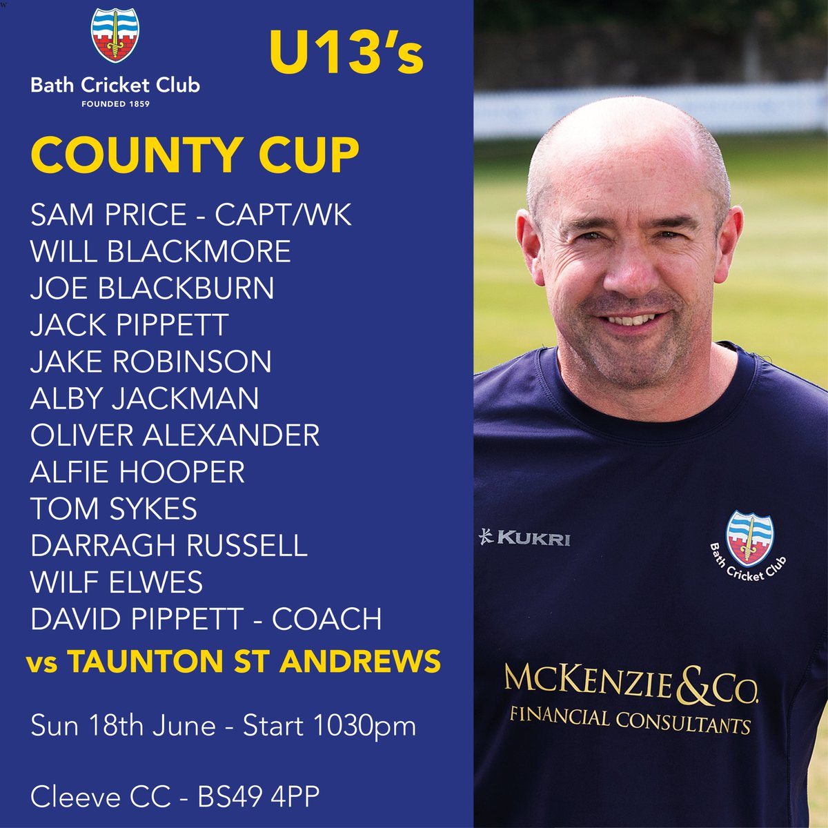 Good luck to our U13's who take on
<a href="/TSA_CC/">Taunton StAndrews CC</a> at <a href="/CleeveCC/">Cleeve CC</a> on Sunday in the County Cup Final. Match starts at 1030