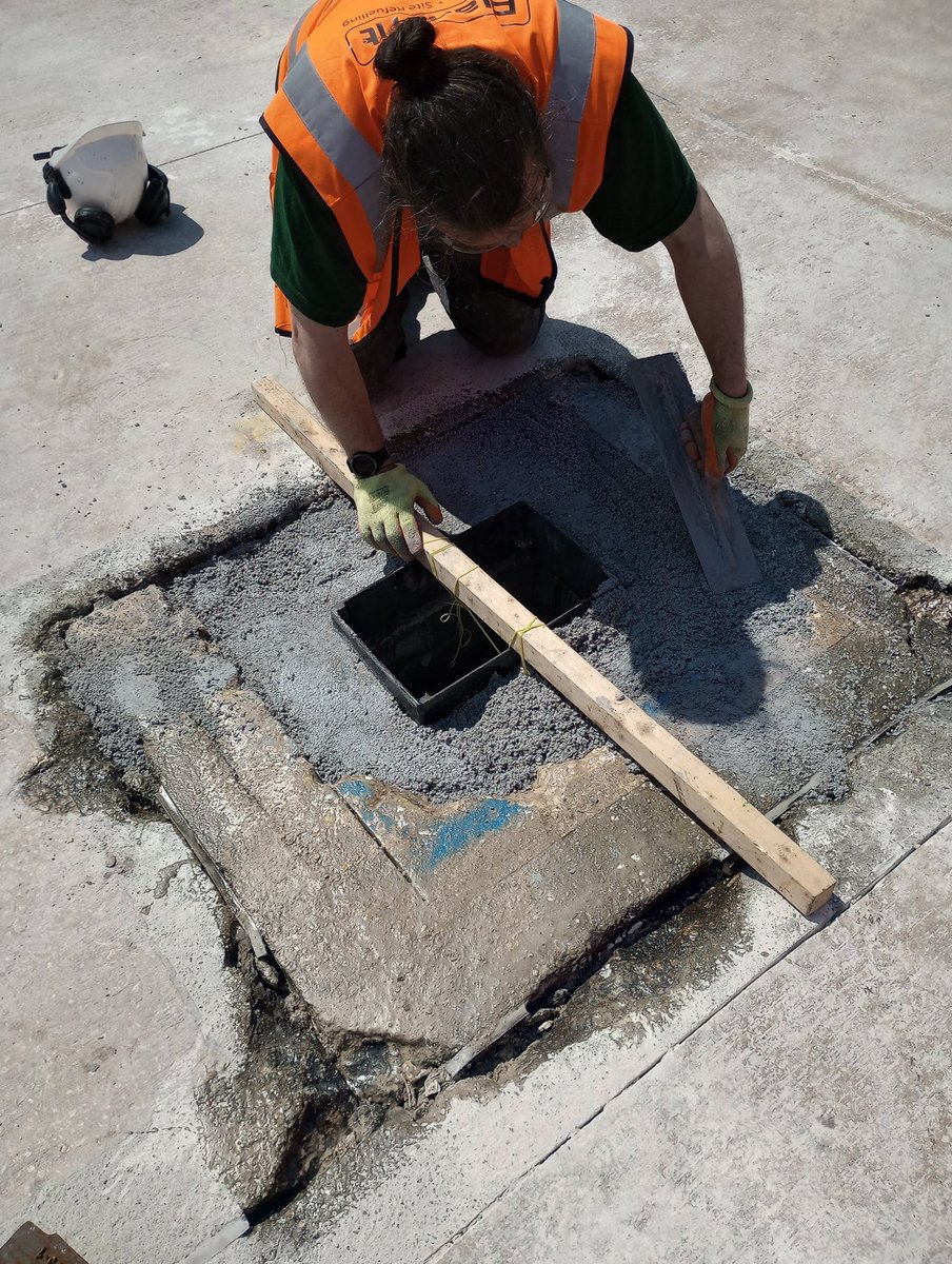 A hot day , out in full sun is not the weather for install <a href="/resbuild/">RBP Limited</a> MMA patch repair mortar but like all their resin products it did the job allowing the area to be returned to traffic quickly <a href="/floorpainters/">Floor Painters Ltd</a> more than painters