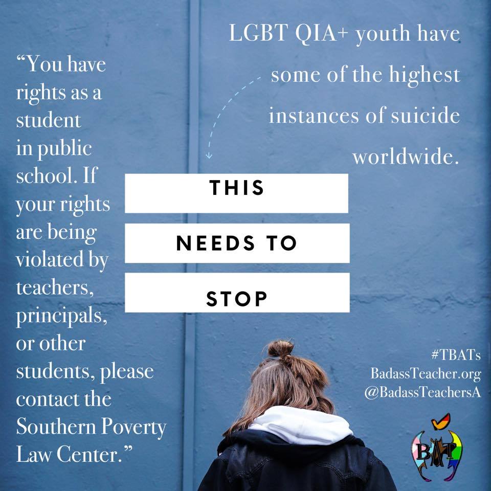 With so many out there flaunting their bigotry, more than ever we must support our LGBTQ youth. Let them know they have the right to speak up. #PrideMonth #TBATs @MIBATS @AFTBATcaucus @OhioBATs @NEABATCaucus @PennBat @BATsDelaware @BATs_DC @VirginiaBATs @NYStateBATs @FLBATsA