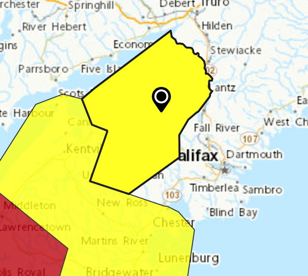 HRMFireNews's tweet photo. Be advised, a tornado watch has been issued by Environment Canada for Hants County, as indicated by the northern yellow segment of the map attached here. The watch was issued as of 4pm. I am back online and will monitor for any significant events. https://t.co/p9ATztZUeW
