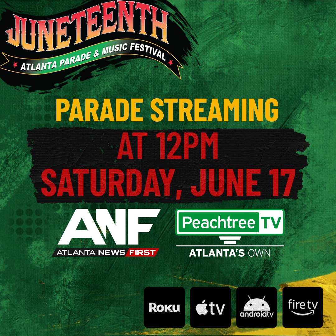 You heard it here first! ❤️💚💛🖤 The #Juneteenth Atlanta Parade is happening this Saturday! Live coverage starts at noon; just search for Atlanta News First on Roku, AppleTV and FireTV to watch 📺 bit.ly/3p6CIhz