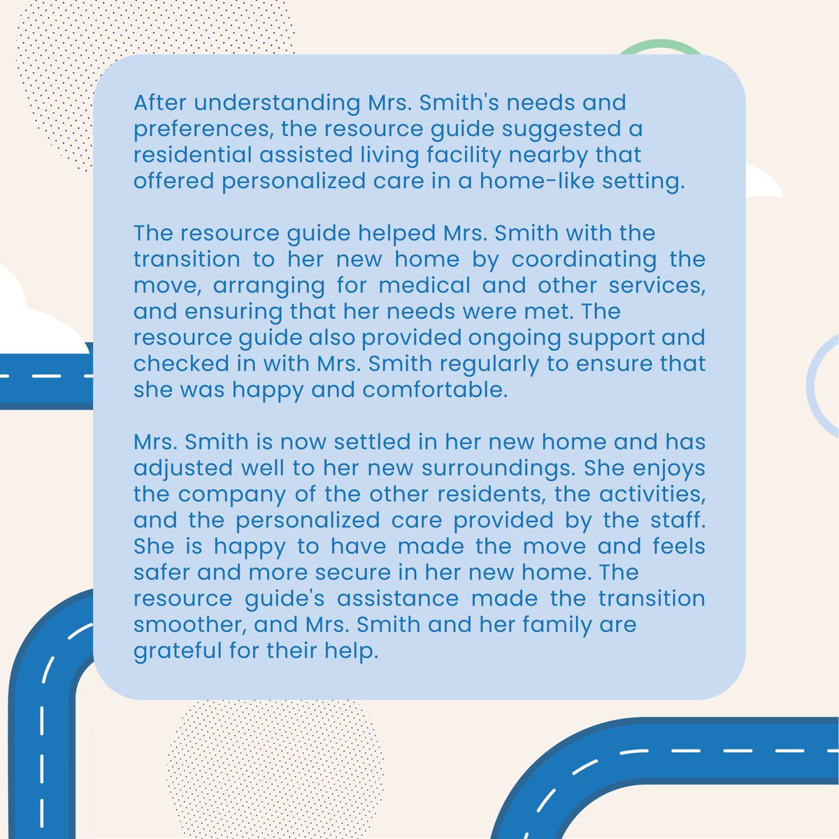 A stop on the journey! 🛣 
See how our Care Advisor helped guide a family to and through the process of learning and deciding on Assisted Living.
Curious about this resource? 
Call us at 1-888-888-2191 today! ☎️