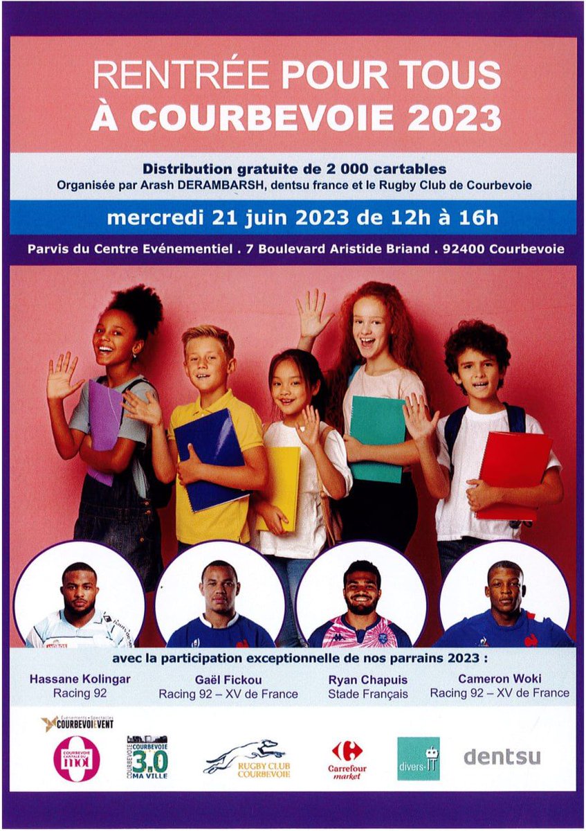 🇫🇷 🇪🇺 Pr Philippe Juvin MD PhD (@philippejuvin) on Twitter photo Très belle opération "rentrée pour tous" mercredi prochain à Courbevoie entre 12H et 16H.
Une distribution de cartables organisée par <a href="/Arash/">Arash Derambarsh 🇫🇷🇪🇺🌳</a> <a href="/RCCourbevoie/">RCCourbevoie</a> <a href="/dentsuFR/">dentsu france</a>. Très belle opération "rentrée pour tous" mercredi prochain à Courbevoie entre 12H et 16H.
Une distribution de cartables organisée par <a href="/Arash/">Arash Derambarsh 🇫🇷🇪🇺🌳</a> <a href="/RCCourbevoie/">RCCourbevoie</a> <a href="/dentsuFR/">dentsu france</a>.