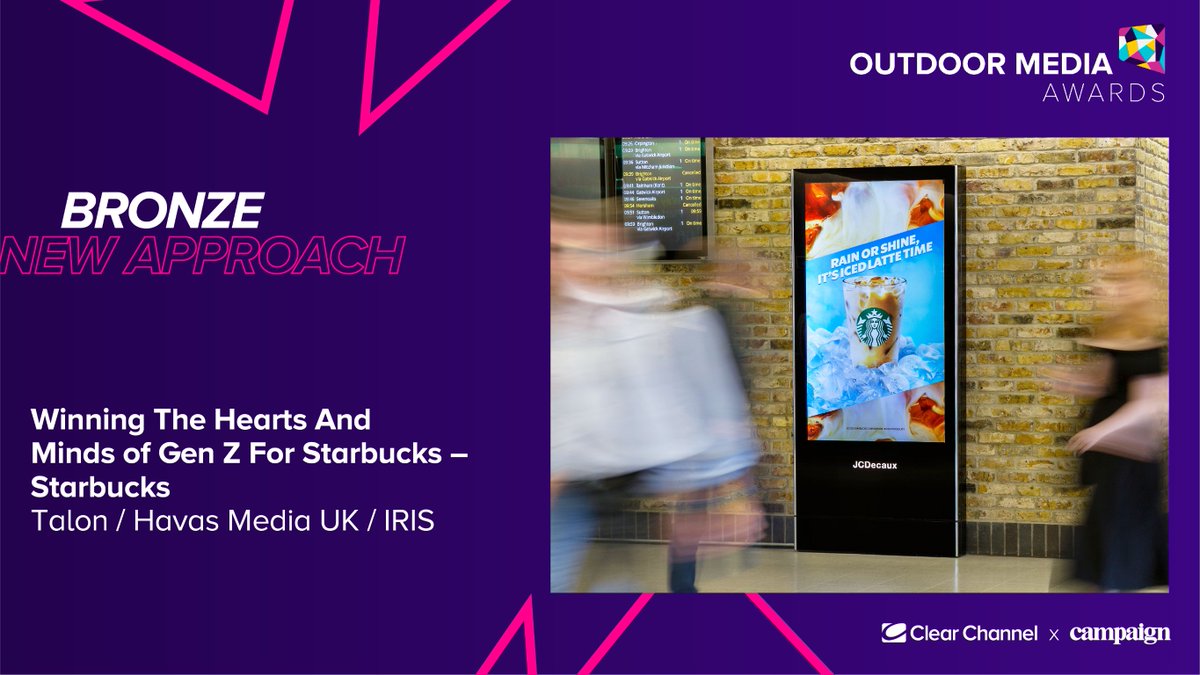 Picking up bronze in the New Approach Award is Starbucks for their ‘Winning The Hearts And Minds of Gen Z For Starbucks’ campaign! Congratulations @StarbucksUK @TalonOOH @HavasMediaUK #Iris 🏆 #OMA2023 #OOH #Awards #MakeSpaceOnTheShelf