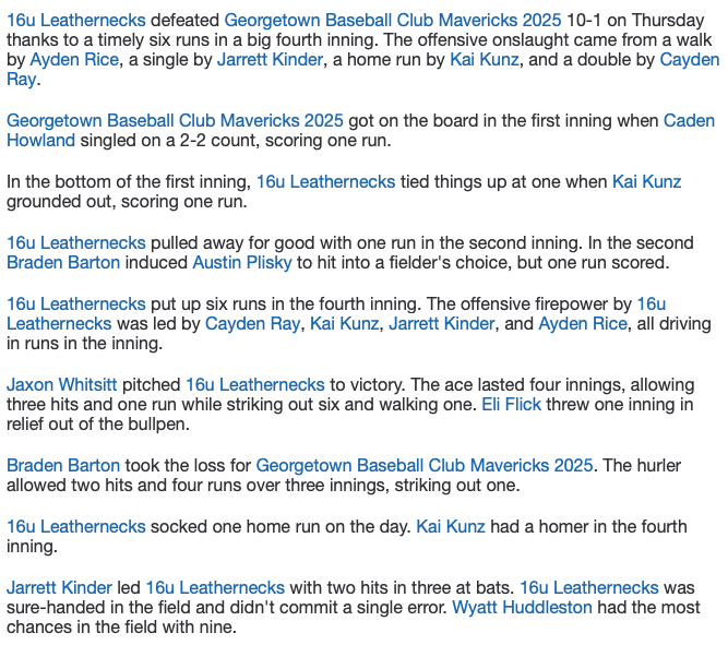 PrimetimeKYHQ's tweet photo. #16uClassic Leathernecks over GBC Mavericks 10-1.  Leathernecks bang out 8 hits, with doubles from Caden Ray and Blake Kimbrell, Dec Lewko legs out a 3B and Kai Kunz with a monster shot homer.  Jaxon Whitsitt 4IP 3H 1R 1ER 6K 1BB #NiceLine https://t.co/EPDdqfBXl1