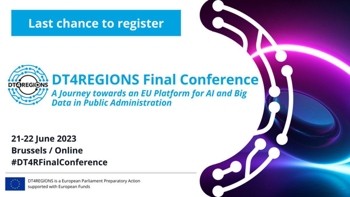 DT4REGIONS's tweet photo. 🔔 LAST CHANCE TO REGISTER‼️
🤝Join us for the #DT4RFinalConference to discover solutions for the development of the next era of #AI and #BigData for the digital transformation of public administration.
➡️Register here: https://t.co/VPG35xsldy https://t.co/JhOQafGaO4