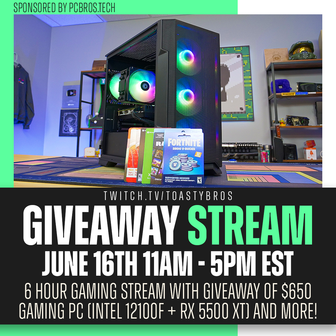 PCBrosLLC's tweet photo. We will be live on https://t.co/TvpVMJf0OL June 16th starting at 11AM EST. We are giving away the PC at 5PM EST during the stream. We will also have 6% off at PCBros during the stream with code "Toasty6Hour"
#giveaway #pcbros #gamingpc #pcgaming #gaming #custompc https://t.co/nnJwJMnw4P