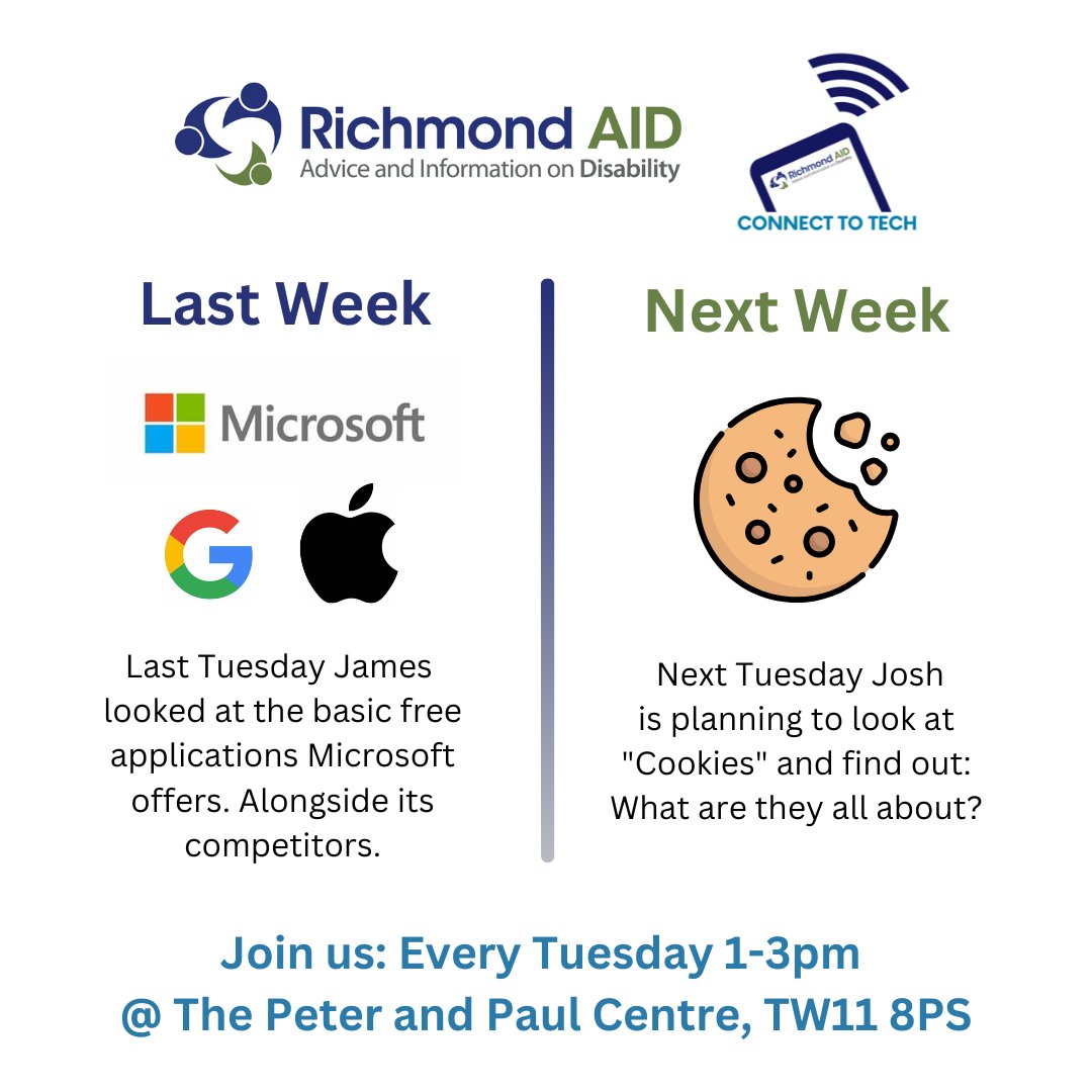 Come along to our weekly Tuesday Connect to Tech group, 1-3pm, and chat about all things tech.  
Find out more by simply messaging us or email: connecttotech@richmondaid.org.uk 
See you on Tuesday!
#richmondaid #connectotech #Tuesday #techtraining #teddington