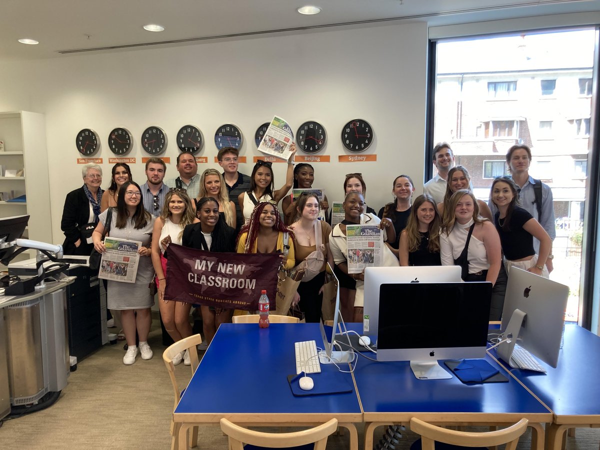 GFheadlines's tweet photo. Great to host students from @txst @sjmctxst today. Journalism & communication majors heard from @AlfiePackham about his experience as Guardian journalist and his working day with @gdncommunity. Thanks Alfie! And well done to the students for their fab questions! #UniTrip https://t.co/ROrb3h0z96
