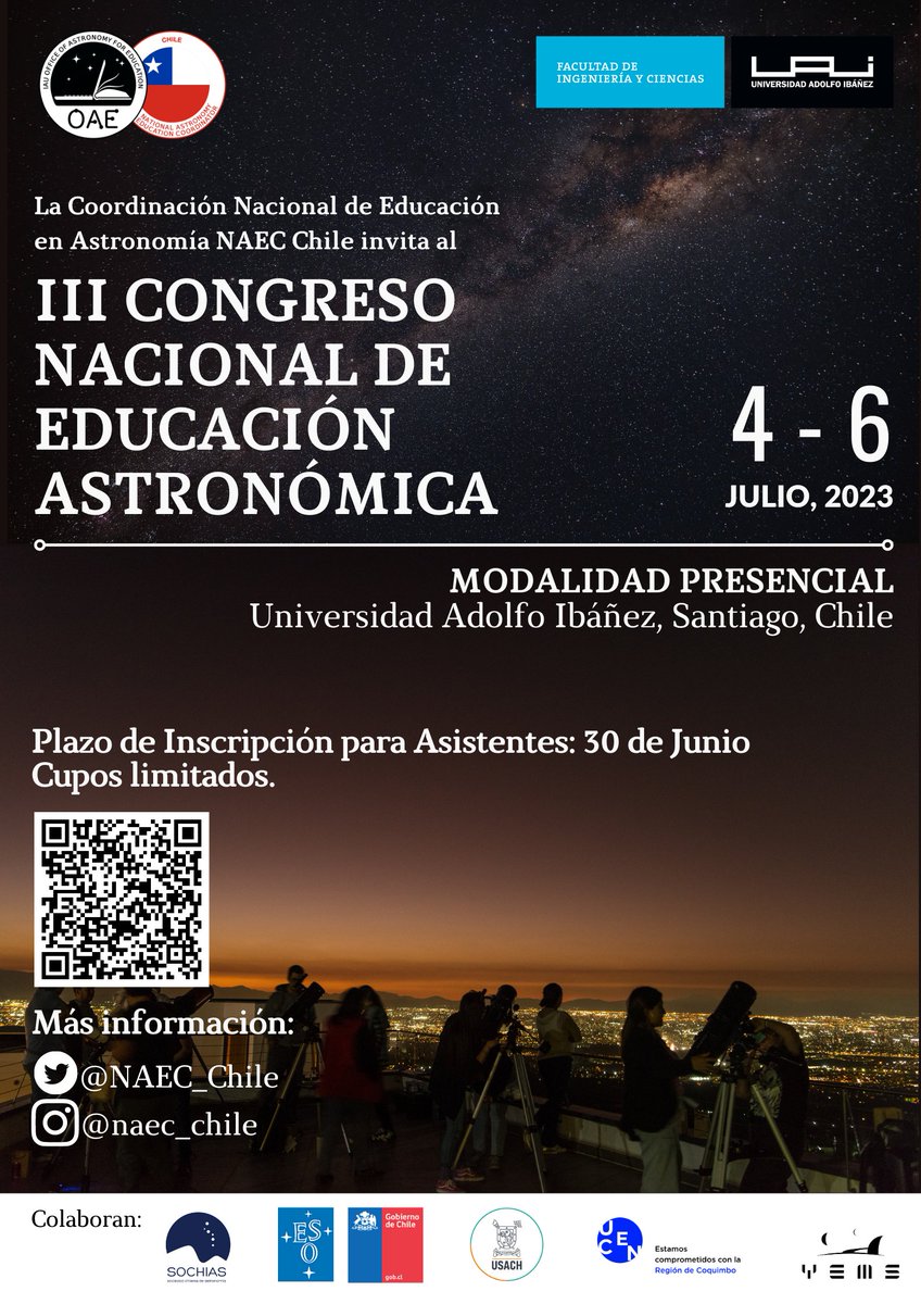 NAEC_Chile's tweet photo. Ya se encuentran abiertas las inscripciones para participar en el III Congreso Nacional de Educación Astronómica, en modalidad Asistentes, es decir, sin necesidad de presentar trabajos.
Recuerda que los cupos son limitados. 
Inscríbete aquí: 
https://t.co/S6hYd8Qc7k https://t.co/XYVdEF1WRe