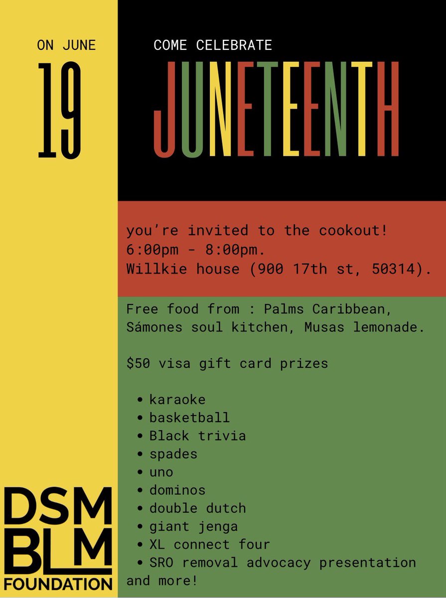 New time!!! Join us on Monday, June 19 for our Juneteenth Celebration. At the Willkie House from 6-8pm. Free food, games, info about projects we’re been working on &amp; raffles! Bring a friend &amp; we’ll see you there!