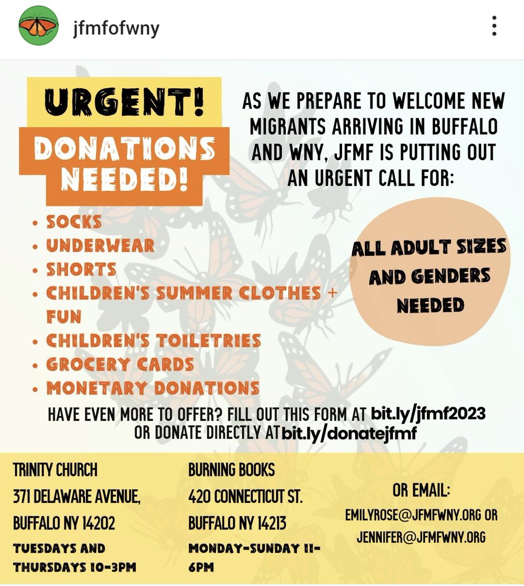 Call for donations via @JFMFofWNY When you visit us this week, why not take the opportunity to drop off some of these needed items at our (almost) next door neighbors @BurningBooks?