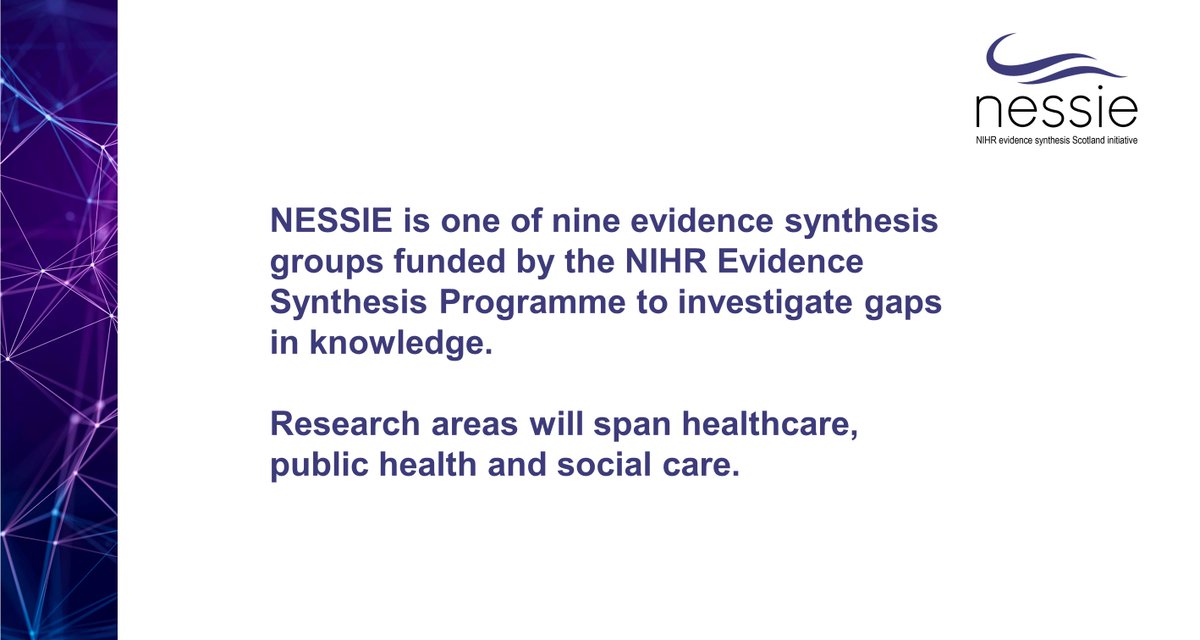Announcing the launch of our new evidence synthesis group #NESSIE (NIHR Evidence Synthesis Scotland InitiativE)  
ed.ac.uk/usher/nessie 
#evidencesynthesis #bestevidence #evidencebased #EvidenceBasedPractice #evidencedbasedresearch #evidenceinformedpractice