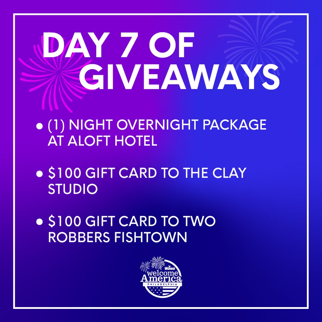 July4thPhilly's tweet photo. Day 7️⃣ of our 10 Days of Giveaways has our heads spinning. Win gift cards to @theclaystudio and @TwoRobbers Fishtown, plus an overnight package in Downtown Philly at @AloftHotels!

Details on how to enter: https://t.co/58wzh2Yprm (📸: @visitphilly) #July4thPhilly #CelebrateWithUs https://t.co/1Kl6EJ4DHm