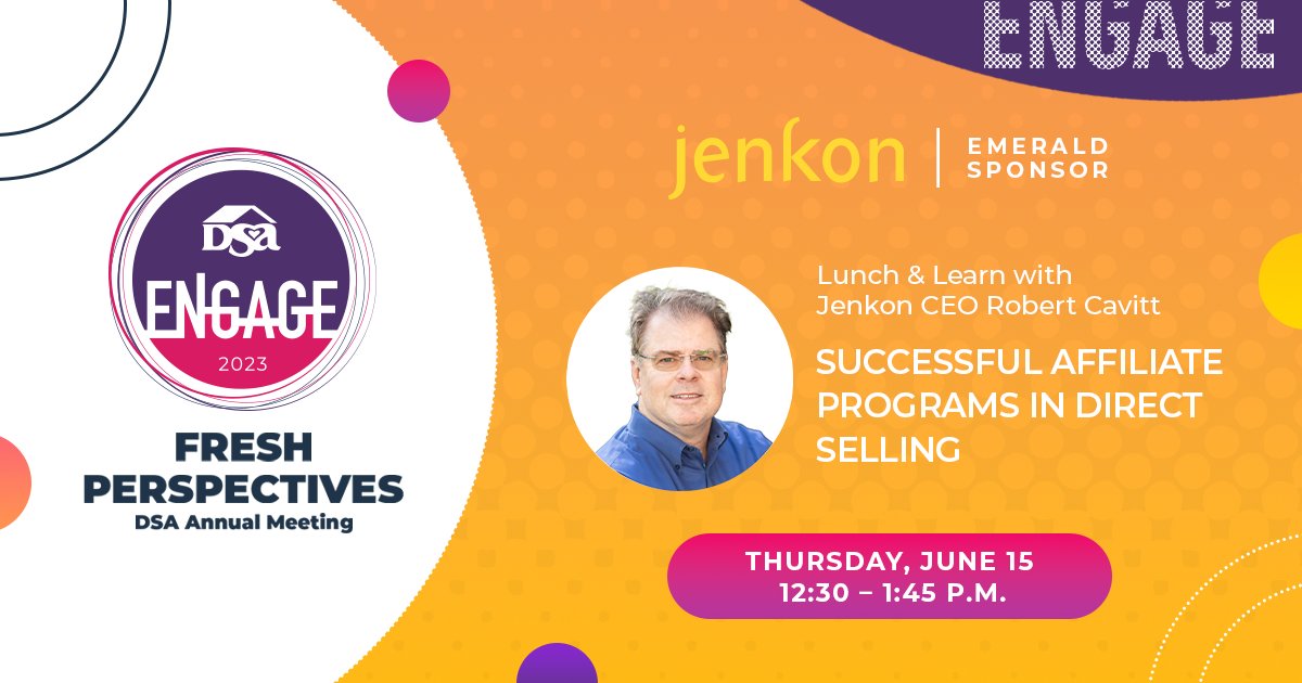 Today at 12:30 pm MST, grab your lunch & join our CEO, @RobertCavitt, for an interactive discussion on Successful Affiliate Programs in #DirectSelling. We'll share real-world experiences of leveraging customer social networks through #affiliateprograms. @DSAssn #DSAEngage #Jenkon