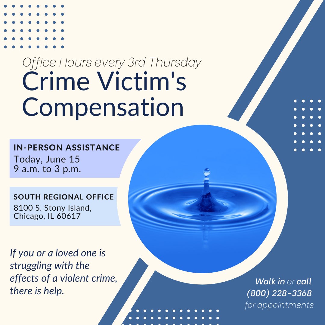 ILAttyGeneral's tweet photo. Staff at my South Chicago regional office offer in-person assistance today, June 15, from 9 a.m. to 3 p.m. for Illinoisans affected by violent crimes. Stop by for help applying for compensation for eligible expenses, checking on your claims, and accessing community resources. https://t.co/Yg8kann2nr
