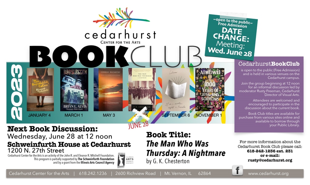 Join the group beginning at 12 noon for an informal discussion led by moderator Rusty Freeman, Cedarhurst Director of Visual Arts.

Book Title: The Man Who Was Thursday: A Nightmare by G.K. Chesterton

Details at cedarhurst.org/book-club/