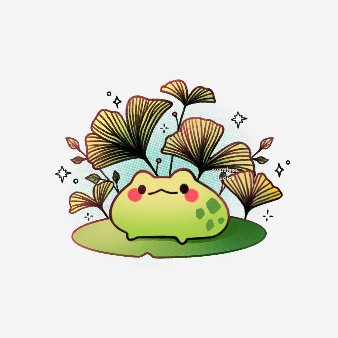oversleptstudio's tweet photo. my sister said these gingko leaves would pair well with a frog so i drew it 🐸💚 #frog #digitalart #froglovers #digitalillustration https://t.co/uMb2U47PUj