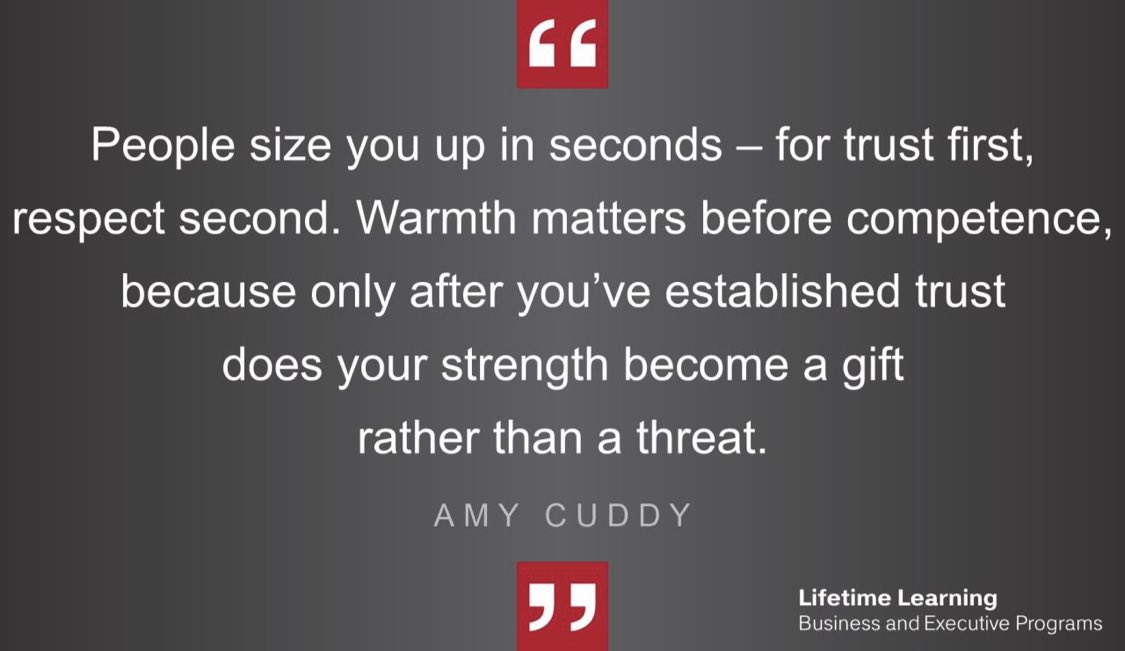 Long articles have expounded on what Amy Cuddy describes here about warmth vs. technical competence in her book Presence. This applies to sales, #marketing, #innovation, #teamwork, even politics. Be trustworthy, then deliver with your strengths.
#ThoughtfulThursday #trust