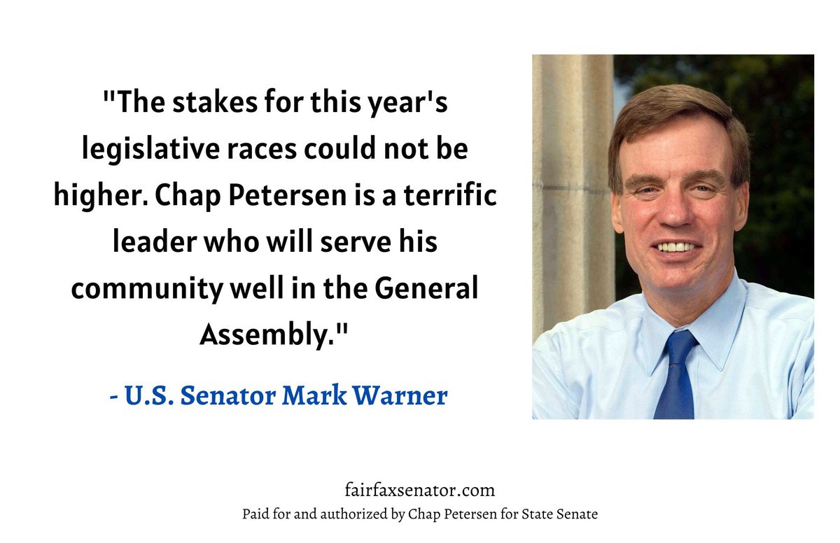 ffx_commonsense's tweet photo. U.S. Senator Mark Warner delivers a glowing endorsement for Chap Petersen based on his leadership and years of community service!

Get out to vote on June 20! Early voting ends June 17.

@ChapPetersen 

#ChapPetersen https://t.co/6dnIopZWel