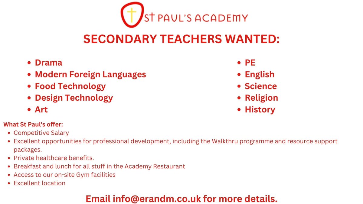 ❗️Secondary Teachers wanted for St Paul's Academy - Greenwich, London❗️

Multiple posts available so this is the perfect opportunity for a group of friends who are thinking about relocating together🥳

For more info, or to apply, please email your CV to info@erandm.co.uk