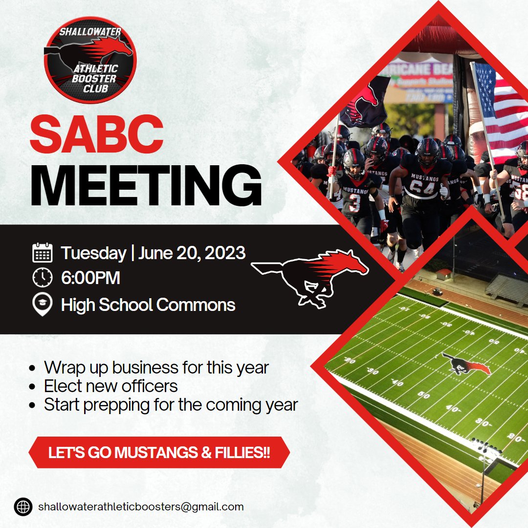 ‼️ Booster Club Meeting ‼️

📅 Tuesday, June 20th
 ⏰ 6:00pm
 📌 HS Commons

Please share with anyone that might be interested in attending. We are looking forward to seeing you at the meeting!

Let's Go Mustangs &amp; Fillies!!!