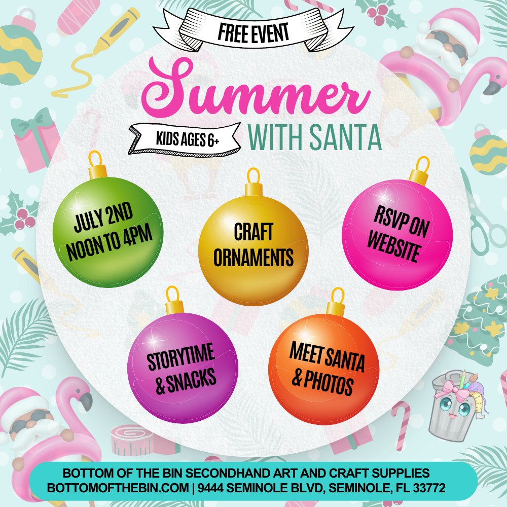 bottomofthebin_'s tweet photo. 🎅🏖️ Summer with Santa! Join us 7/2 for a day of arts &amp; crafts, story time with Santa, snacks &amp;more!  Kids 6+ are invited to bring their parents for a magical experience blending the joy of Christmas with the excitement of summer #ChristmasInJuly #SummerWithSanta #artsandcrafts https://t.co/nyPtppWwz9