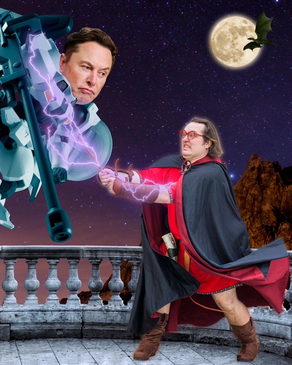 HO!—atop Twitter's spire I battle the soulless Musk-Husk. Clad in a hollow money-suit, he bears down upon me—my only defense, the spark inside my soul, which he lacks entirely! ...& the dragon, I suppose. Two defenses 🧙‍♂️🐉

#NationalElectricityDay #ElonMusk #GUNDAM #art #fantasy