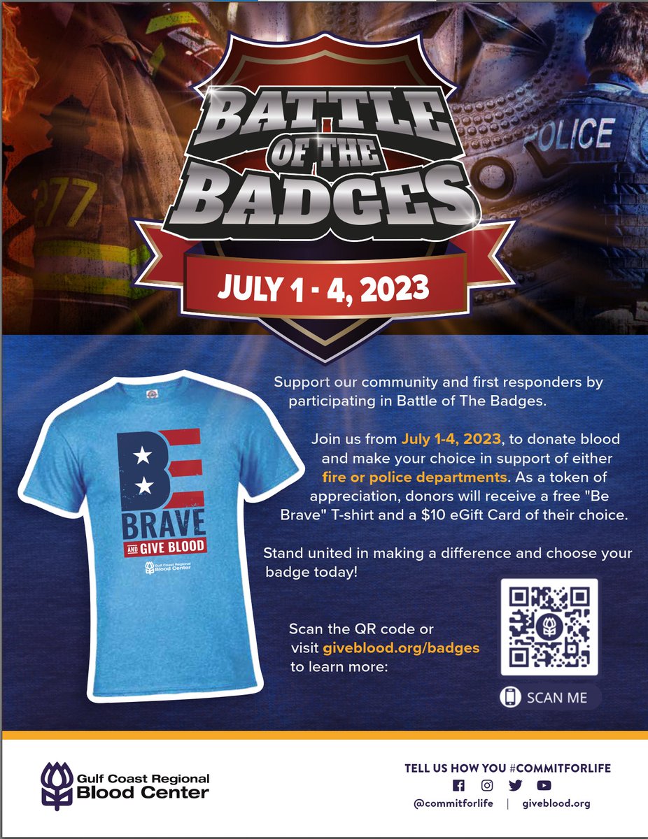 SETRAC_TX's tweet photo. The Gulf Coast Regional Blood Center will be hosting a "Battle of the Badges" blood drive from July 1-4, 2023.

You're participation in the blood drive will support our community and first responders.

Visit https://t.co/OgyADt1sJ7 for more information. https://t.co/dxbmiskJy7
