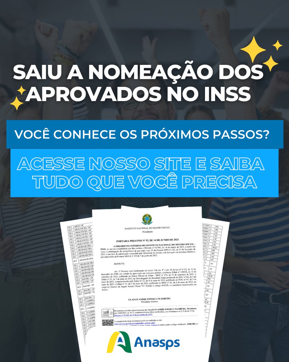 Anaspsbrasil's tweet photo. Saiu a nomeação dos aprovados no último concurso do @INSS_oficial 
Parabenizamos os novos servidores! 
Os próximos passos estão disponíveis no site da Anasps na página principal. Sejam bem-vindos!
@minprevidencia
@CarlosLupiPDT
#nomeação #Anasps #concursopublico https://t.co/N6b64z6VJl
