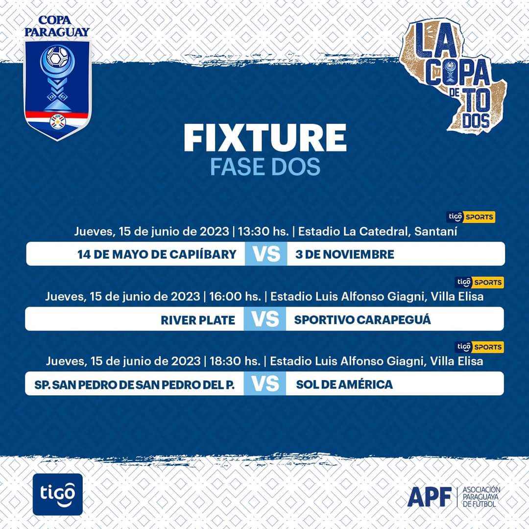 #CopaParaguayAPF 🇵🇾 

✔️ Cerramos la semana 7️⃣ en #LaCopaDeTodos 🏆, con tres juegos:

#14DeMayo 🆚 #3DeNoviembre 

🏟️ La Catedral - Santaní.

#RiverPlate 🆚 #Carapeguá 

 #SanPedroP 🆚 #SolDeAmérica 

🏟️ Luis Alfonso Giagni - Villa Elisa.

🗓 Segunda Fase.

📺Tigo Sports PYY