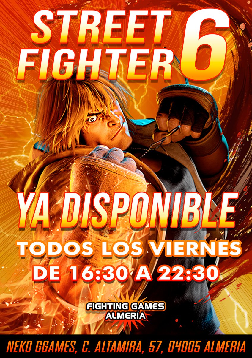 🔥STREET FIGHTER 6 YA DISPONIBLE🔥
¡Ven y pruébalo con nosotros!
Todos los Viernes de 16:30 a 22:30
Precio de entrada + bebida: 3,50€
Lugar: Neko GGames, C/Altamira, 54, 04005, Almería