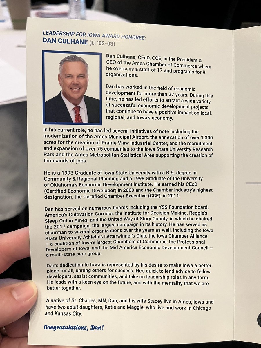 Congratulations to Dan Culhane (<a href="/LeadershipIowa/">Leadership Iowa</a> ‘02-03), President and CEO of the @AmesChamber, on receiving the Leadership for Iowa award!  #ABICON23