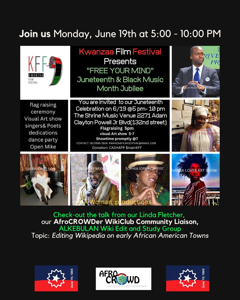 Join us Monday, June 19th at 5-10PM at the "Free Your Mind" #Juneteenth &amp; #BlackMusicMonth #Jubilee presented by the #KwanzaaFilmFestival at The Shrine Music Venue, 2271 Adam Clayton Powell Jr. Blvd. (123rd Street) #NYC.
Don't miss the talk from Linda Fletcher, our #AfroCROWDer