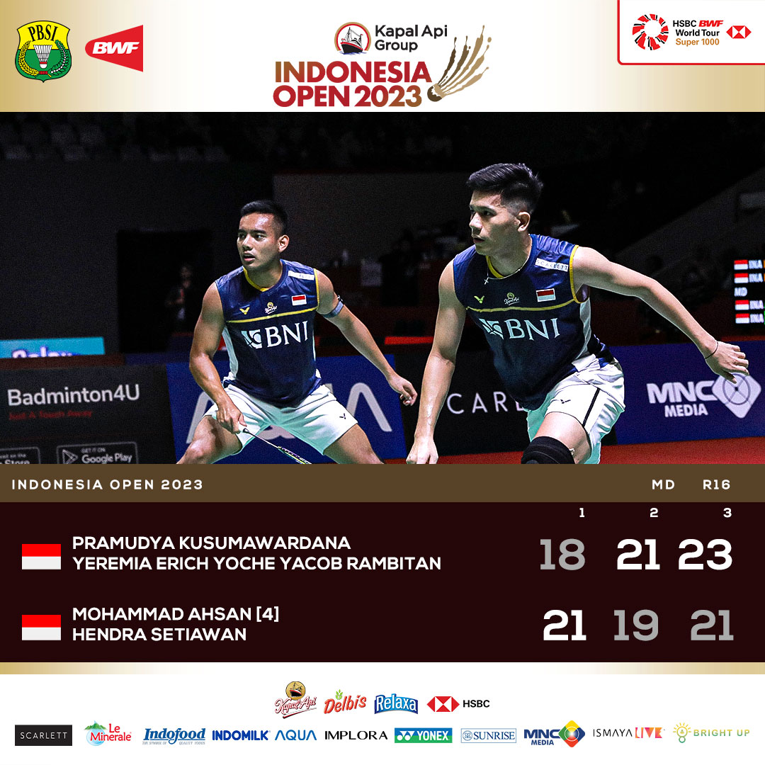 INABadminton's tweet photo. Pramudya/Yeremia maju ke babak QF. Tetap semangat Hendra/Ahsan.

#KAGIO2023 #IndonesiaOpen2023 https://t.co/NnoJFCKrm8