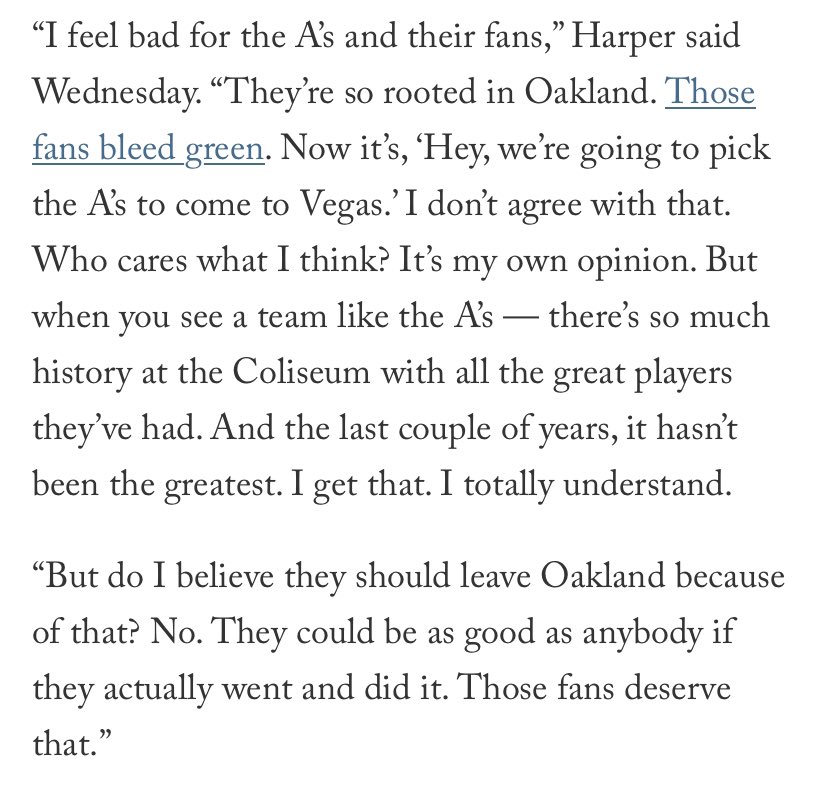 Bryce Harper is the biggest name when it comes to Las Vegas and Baseball. He believes expansion would be better for Las Vegas and also thinks the A’s should have to rebrand in LV. lots of strong comments in this article. theathletic.com/4611968/2023/0…