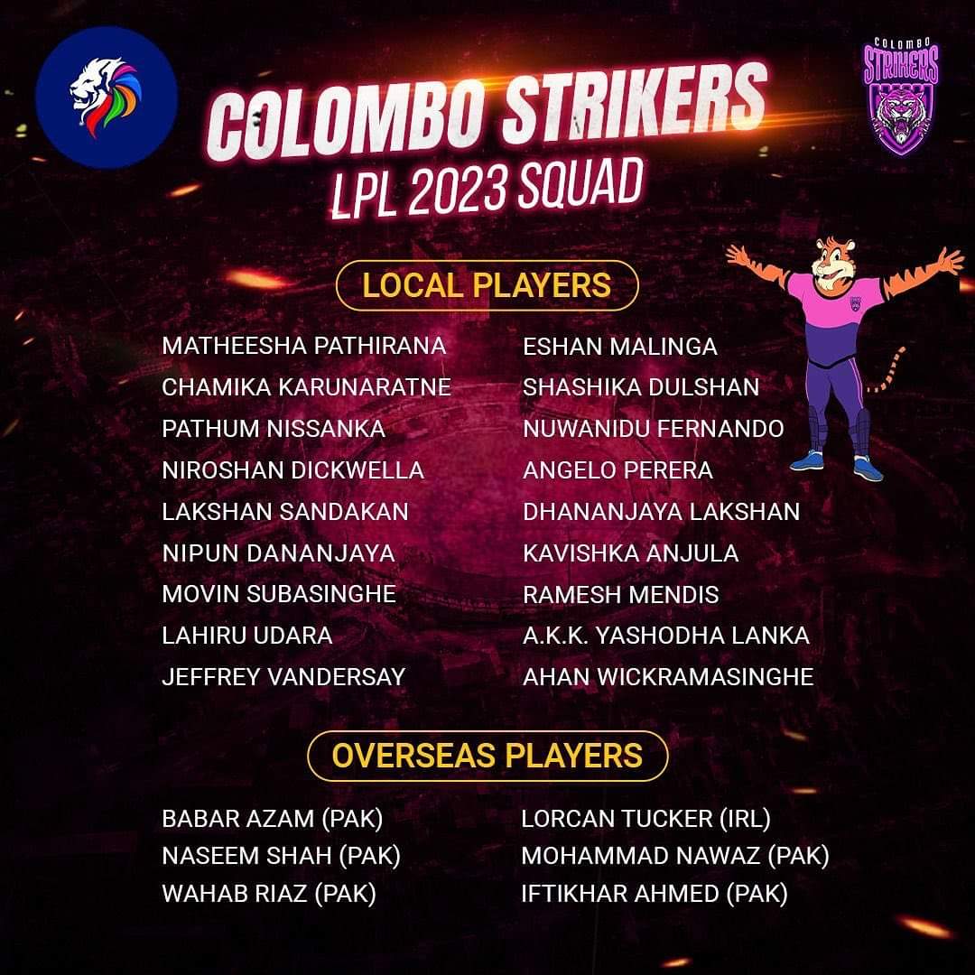 Here are all the Strikers of the House of Tigers! 

Sattapadi Kollo 🔥💜

#TheBasnahiraBoys #StrikeToConquer #LPL2023 #ColomboStrikers #BabarAzam #MatheeshaPathirana #ChamikaKarunaratne #NaseemShah