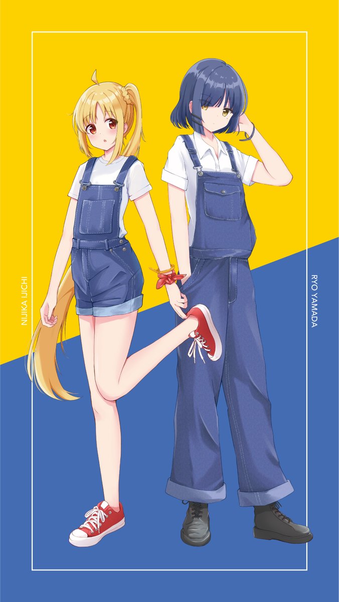 ijichi nijika multiple girls 2girls blonde hair overalls blue hair shirt white shirt  illustration images