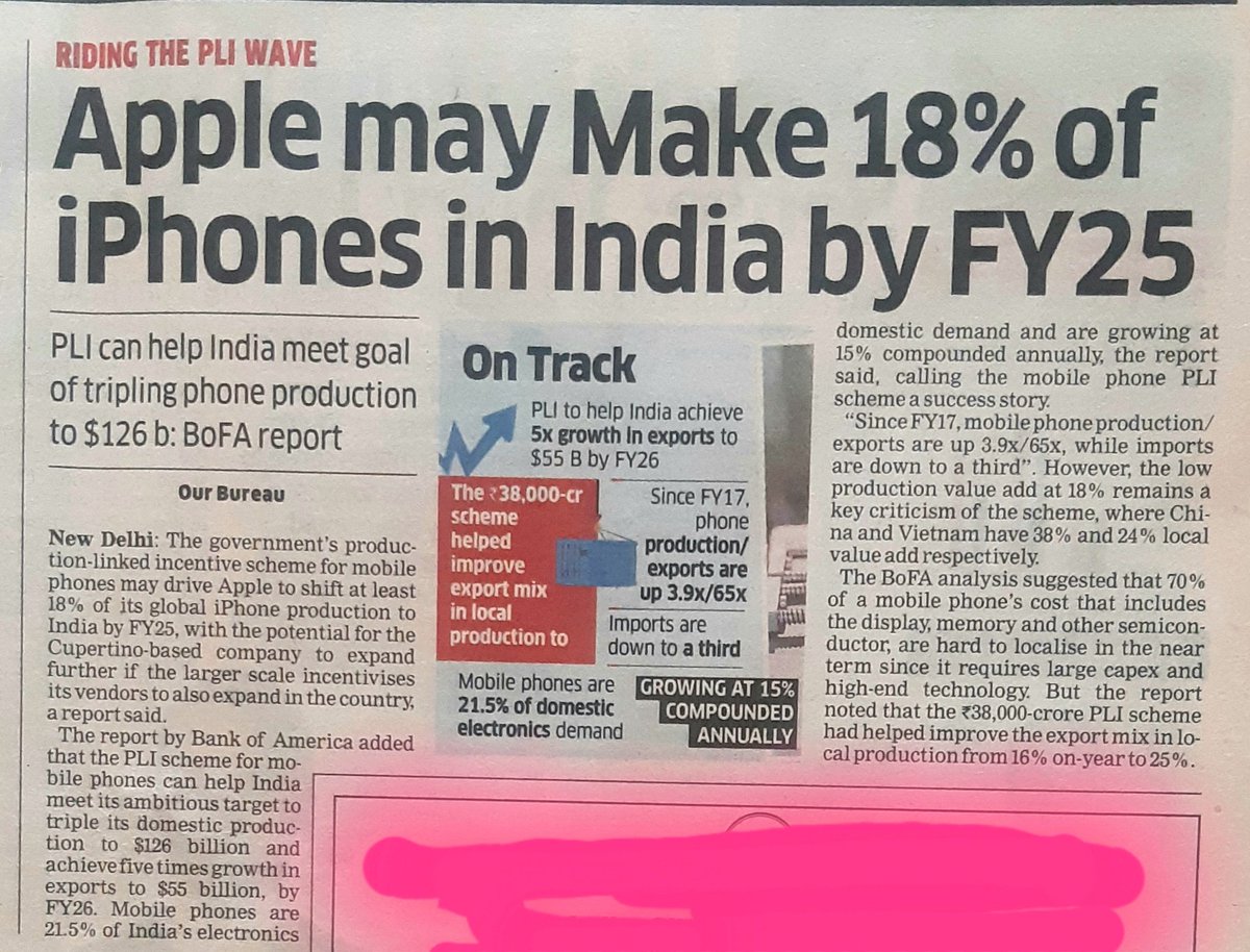 #GoodNews 
Modi Government's #PLIScheme to be a catalyst in India tripling its mobile phone manufacturing. Meanwhile reports suggest that Apple Inc is inclined to manufacture 18% of its iPhones in India by FY- 2025.
