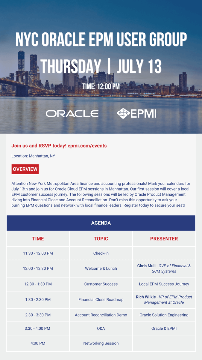 Join Oracle & EPMI in Manhattan on July 13th for the NYC Oracle EPM User Group! Register today: epmi.com/events/

#EPM #OracleCloud #OracleCloudEPM #NYCEvents #NYCFinance #Hyperion #accounting #NewYork #finance #AccountReconciliation #FinancialClose #Oracle