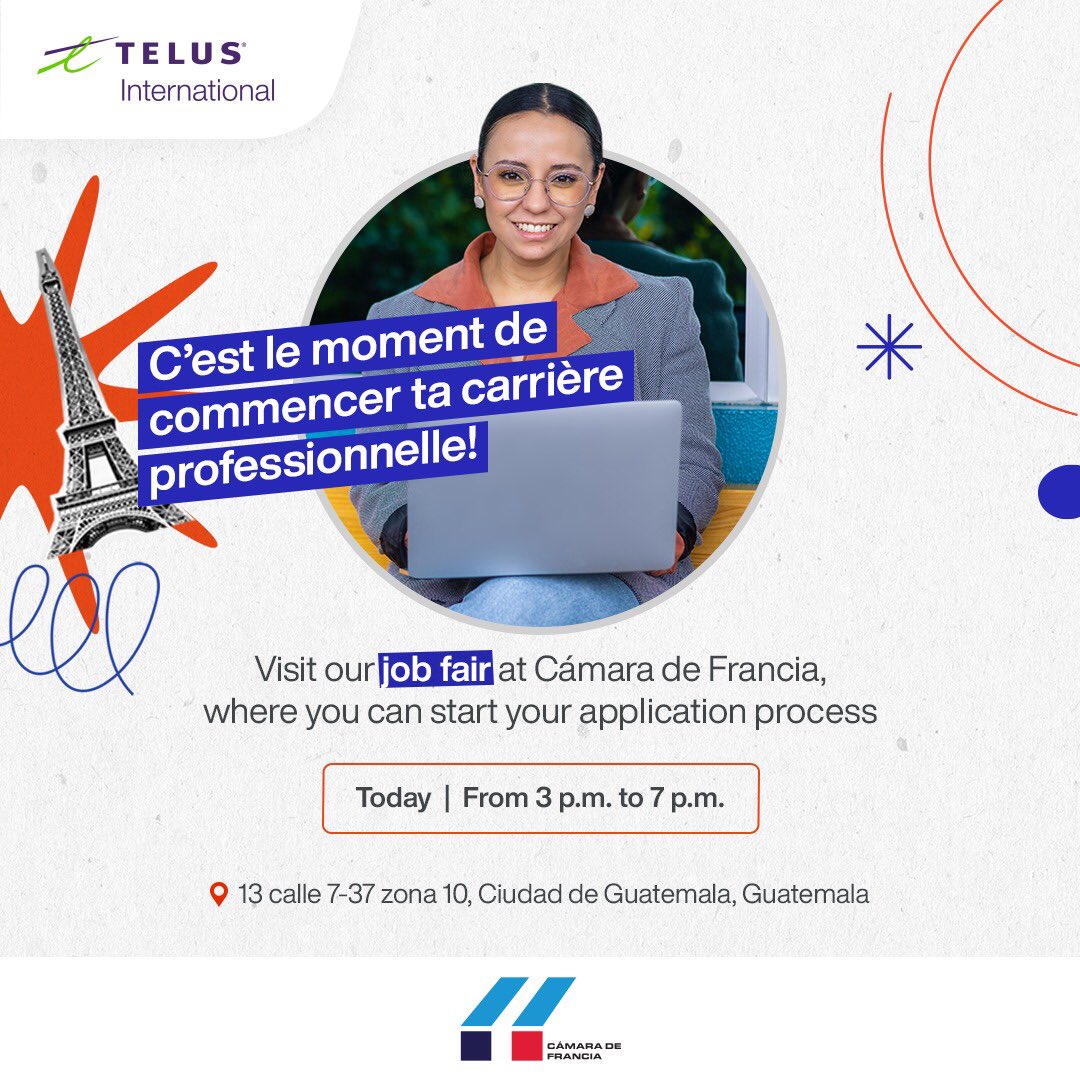 CCIFGT's tweet photo. ¡Es hoy! No te pierdas esta feria de trabajo en la Cámara de comercio de Francia 🇫🇷✨ Evento organizado por nuestro socio Telus International guatemala #guatemala #callcenter #evento #jobfair #oportunidadlaboral #trabajoenguatemala #frances https://t.co/VQo95n36ox