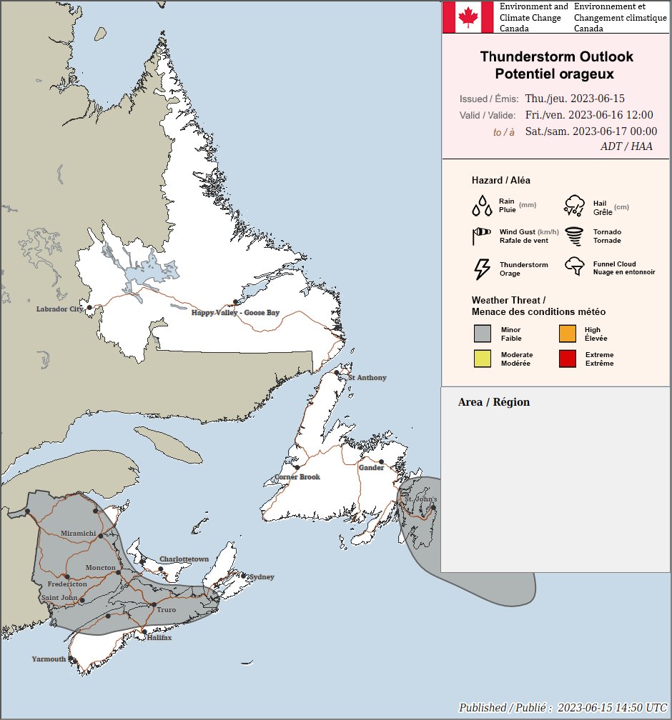 Thunderstorm outlook for the Maritimes valid for today, tonight, and Friday. #NSStorm