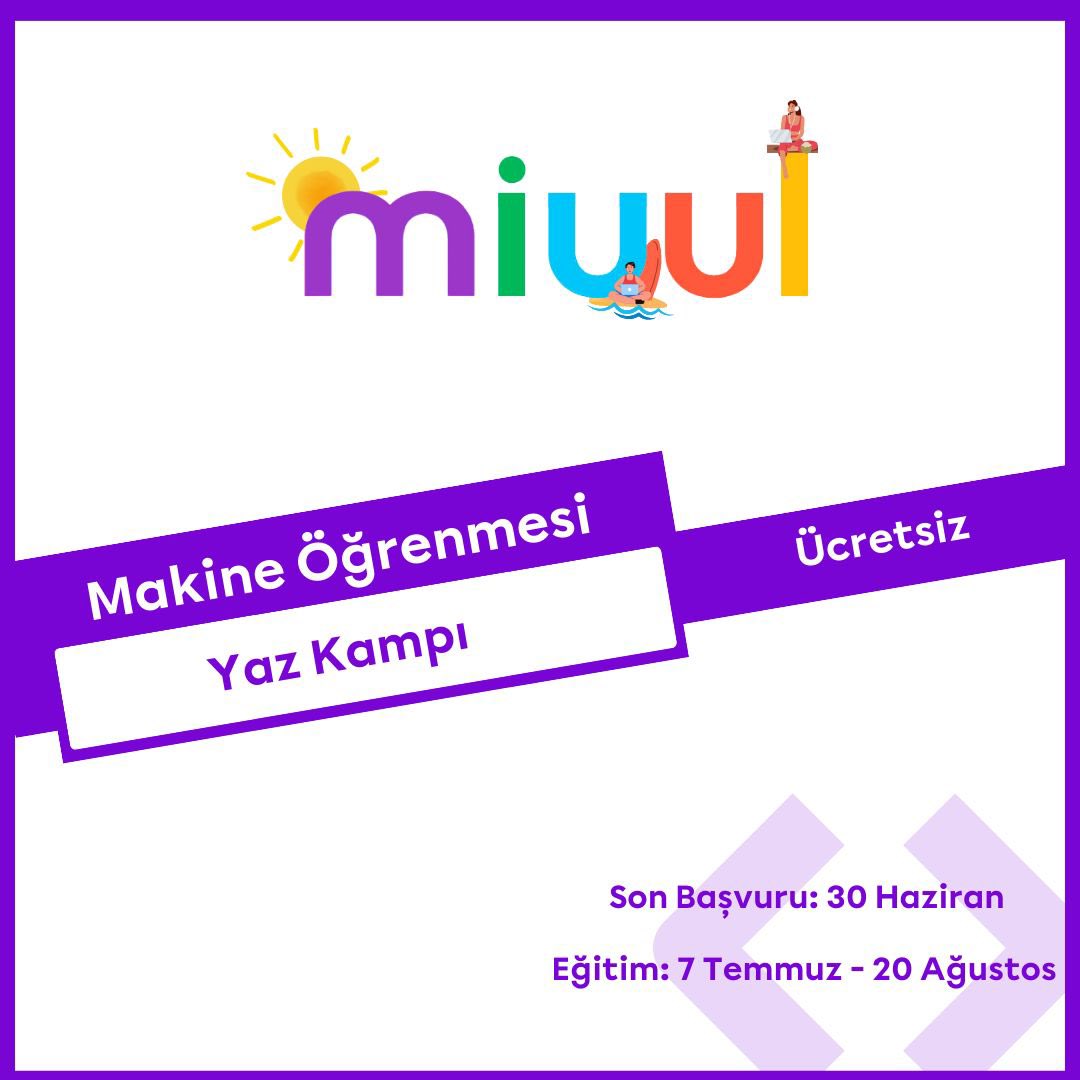 miuulcom's tweet photo. Miuul Makine Öğrenmesi Yaz Kampı başvuruları başladı! 🎉🌞

Lisans ve yüksek lisans öğrencilerine özel ücretsiz Miuul Makine Öğrenmesi Yaz Kampı, 7 Temmuz - 20 Ağustos 2023 tarihleri arasında gerçekleşecek.

📌Son başvuru tarihi 30 Haziran! https://t.co/yjURnecImk