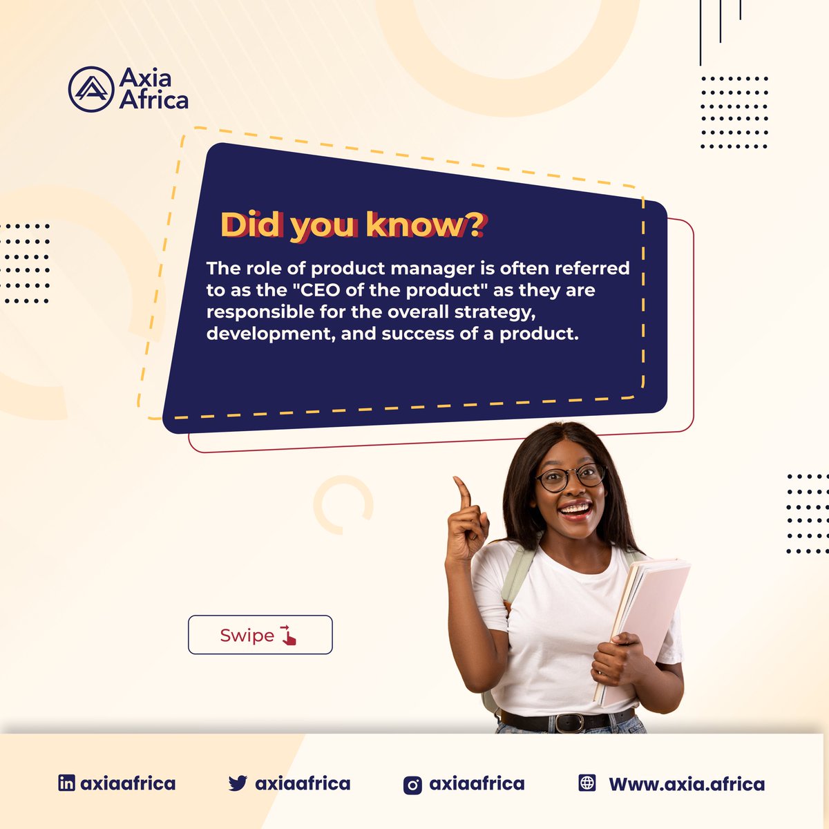 If you’re looking for a managerial role in tech, get into our Product Management program today! 🤩

30% off this June, Enroll today! 🚀

#Axiaafrica 
#Shapeyourfuture
#Productmanagement