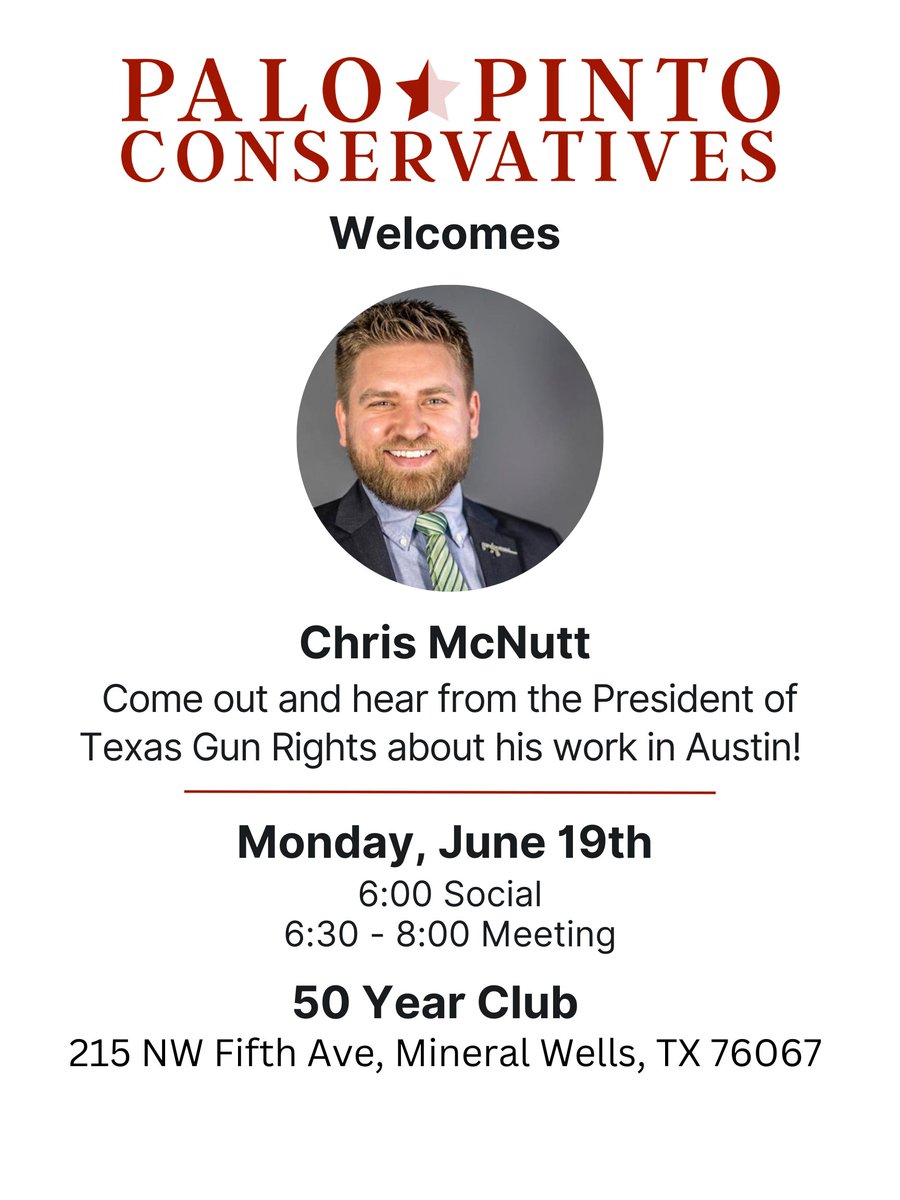 Our meeting with Chris McNutt @McNuttForTexas from @TXGunRights is just around the corner!

Make sure to join us!