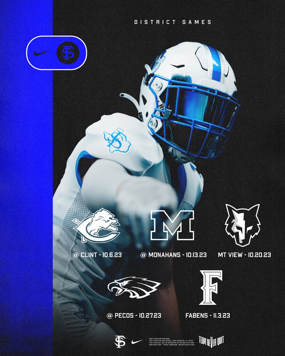 fortstocktonfb's tweet photo. This years district schedule! Counting down the days.
#panthers #panthersfight #goblue #fortstockton #txhsfb #texashighschoolfootball #football #fridaynightlights #gopanthers #fstx #teamneverquit #fourquarterfightclub https://t.co/dXfOfhxqU6
